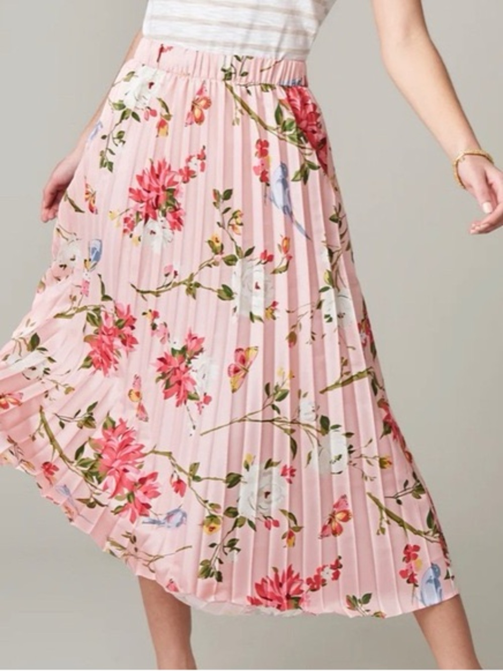 Spartina 449 Pink Botanical Floral Pleated Midi Skirt Sz L
